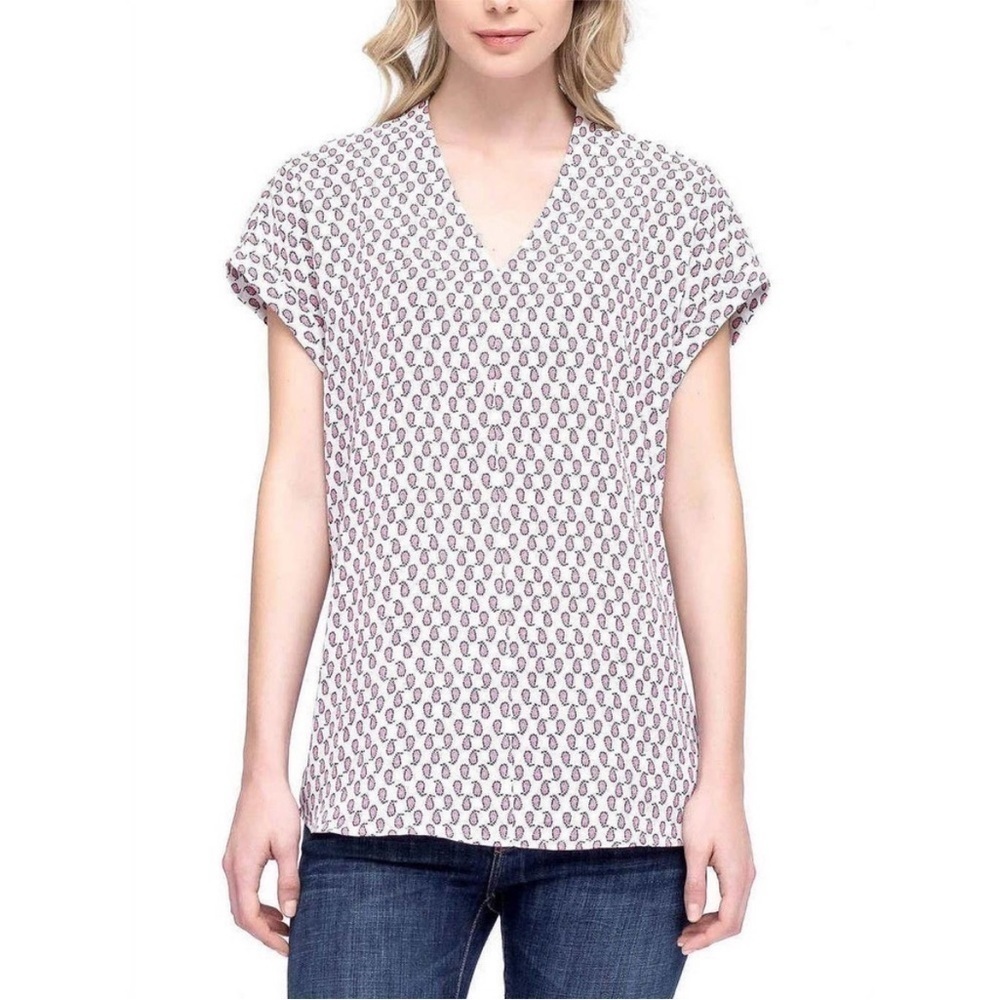 Pleione MEDIUM White Paisley Print Cuffed Cap Sleeve Boxy Top V-Neck pink